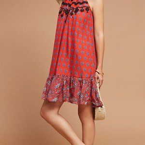 CAROLINA K Anthro Red Floral Dress Embroidery Silk